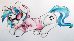 Size: 3220x1800 | Tagged: safe, artist:sk-ree, dj pon-3, vinyl scratch, pony, unicorn, clothes, hoodie, solo, traditional art