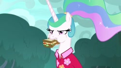 Size: 1920x1080 | Tagged: safe, screencap, princess celestia, alicorn, pony, between dark and dawn, alternate hairstyle, apathlestia, apathy, bitchlestia, clothes, food, hawaiian shirt, nom, sandwich, shirt, solo, this will come back to haunt