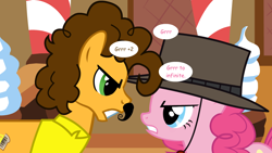 Size: 1280x720 | Tagged: safe, artist:hakunohamikage, cheese sandwich, pinkie pie, earth pony, pony, ask, ask-princesssparkle, fake moustache, female, hat, male, mare, stallion, sugarcube corner, tumblr