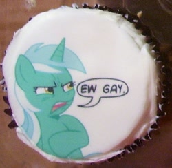 Size: 586x571 | Tagged: safe, artist:megasweet, lyra heartstrings, cake, ew gay, frosting, irl, meme, photo