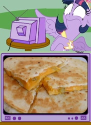 Size: 563x771 | Tagged: safe, derpibooru import, twilight sparkle, twilight sparkle (alicorn), alicorn, pony, party pooped, cheese, exploitable, exploitable meme, female, image macro, mare, meme, nightmare fuel, obligatory pony, quesadilla, they're just so cheesy, tv meme, twilight is afraid of quesadillas