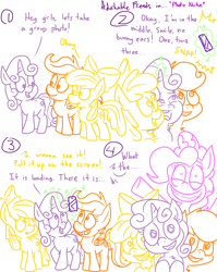 Size: 4779x6013 | Tagged: safe, artist:adorkabletwilightandfriends, apple bloom, pinkie pie, scootaloo, sweetie belle, earth pony, pony, comic:adorkable twilight and friends, absurd resolution, adoracreepy, adorkable friends, cellphone, comic, creepy, cute, cutie mark crusaders, female, filly, group, group photo, humor, lineart, phone, photobomb, selfie, slice of life, smartphone