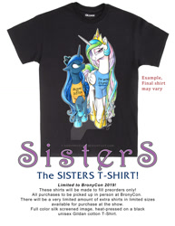 Size: 800x1035 | Tagged: safe, artist:andypriceart, idw, princess celestia, princess luna, alicorn, pony, spoiler:comic, advertisement, blame my sister, bronycon, bronycon 2019, clothes, duo, female, i'm with stupid, jewelry, mare, regalia, shirt, t-shirt