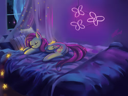 Size: 1700x1280 | Tagged: safe, artist:xjenn9, fluttershy, pegasus, pony, bed, cute, fairy lights, female, mare, neon, night, pillow, plot, precious, shyabetes, sleeping, solo, stars, sweet dreams fuel, window