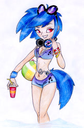 Size: 950x1449 | Tagged: safe, artist:snugglejubilee, dj pon-3, vinyl scratch, human, beach ball, bikini, clothes, headphones, humanized, solo, swimsuit, tailed humanization, traditional art