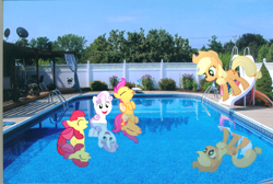 Size: 1667x1117 | Tagged: safe, artist:pangbot, apple bloom, applejack, scootaloo, sweetie belle, cutie mark crusaders, irl, photo, ponies in real life, swimming, swimming pool, water