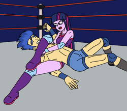 Size: 1672x1460 | Tagged: safe, artist:avispaneitor, flash sentry, twilight sparkle, equestria girls, bare chest, clothes, intergender wrestling, partial nudity, rocker, topless, wrestling