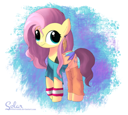 Size: 1000x900 | Tagged: safe, artist:songbirdserenade, fluttershy, pegasus, pony, 80s, clothes, ear piercing, earring, jewelry, leg warmers, piercing, simple background, solo, wristband