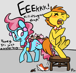 Size: 790x758 | Tagged: safe, artist:mt, carrot cake, cup cake, cockroach, earth pony, insect, pony, dialogue, entomophobia, female, gray background, husband and wife, male, mare, scared, simple background, stallion, stool, the cakes