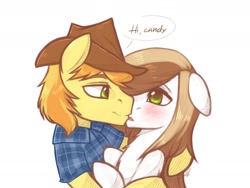 Size: 1280x960 | Tagged: safe, artist:maccoffee, braeburn, oc, oc:coffee cream, blushing, canon x oc, dialogue, gay, hug, imminent kissing, male, shipping, simple background, white background