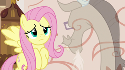 Size: 1280x720 | Tagged: safe, screencap, discord, fluttershy, draconequus, pegasus, pony, discordant harmony, fading, transparent, worried