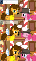 Size: 1280x2168 | Tagged: safe, artist:hakunohamikage, cheese sandwich, pinkie pie, earth pony, pony, ask, ask-princesssparkle, comic, eyes closed, fake moustache, female, hat, male, mare, sugarcube corner, tumblr