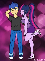 Size: 768x1024 | Tagged: safe, artist:ajrrhvk12, flash sentry, sci-twi, twilight sparkle, equestria girls, blushing, clothes, cute, flashlight, high heels, kissing, male, miniskirt, ponytail, raised leg, sciflash, shipping, skirt, straight