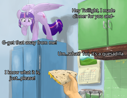 Size: 1584x1224 | Tagged: safe, alternate version, artist:atteez, derpibooru import, twilight sparkle, twilight sparkle (alicorn), alicorn, human, pony, party pooped, behaving like a cat, calendar, cheese, cute, dialogue, female, frown, hand, mare, offscreen character, quesadilla, raised hoof, scared, spread wings, they're just so cheesy, turophobia, twilight cat, wide eyes