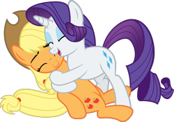 Size: 4500x3169 | Tagged: safe, artist:slb94, applejack, rarity, earth pony, pony, unicorn, absurd resolution, cute, eyes closed, female, hug, lesbian, rarijack, shipping, simple background, transparent background, vector