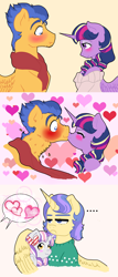 Size: 1190x2786 | Tagged: safe, artist:miyathegoldenflower, flash sentry, twilight sparkle, twilight sparkle (alicorn), oc, oc:hermes, oc:nightwish, alicorn, pony, unicorn, ..., alicorn oc, alternate hairstyle, blush sticker, blushing, blushing profusely, bow, braid, clothes, colt, comic, female, filly, flashlight, hair bow, heart, heart eyes, hug, kissing, male, offspring, older, parent:flash sentry, parent:twilight sparkle, parents:flashlight, pulling, scarf, shipping, shoulderless, straight, sweater, sweater dress, unamused, wingding eyes, winghug