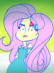 Size: 600x804 | Tagged: safe, artist:angelloveponyheart, fluttershy, better together, equestria girls, fluttershy's butterflies, fluttershy's butterflies: rainbow dash, angry, clothes, cross-popping veins, dress, female, geode of fauna, jewelry, looking at you, magical geodes, necklace, scene interpretation