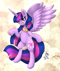 Size: 1780x2100 | Tagged: safe, artist:joakaha, derpibooru import, twilight sparkle, twilight sparkle (alicorn), alicorn, pony, belly button, bipedal, female, looking at you, mare, older, raised hoof, solo, spread wings, underhoof