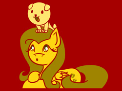 Size: 1800x1350 | Tagged: safe, artist:flutterluv, fluttershy, dog, pegasus, pony, chinese zodiac, female, flat colors, limited palette, mare, prone, simple background, sitting on head, smiling, year of the dog