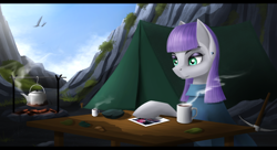 Size: 4414x2406 | Tagged: safe, artist:dezdark, maud pie, pinkie pie, bird, earth pony, pony, camp, ear piercing, eyebrows, fire, food, ghastly gorge, kettle, lidded eyes, mountain, photo, pickaxe, piercing, sky, smiling, solo, tea, tent, when she smiles