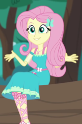 Size: 420x633 | Tagged: safe, screencap, fluttershy, better together, equestria girls, text support, text support: fluttershy, cropped, geode of fauna, magical geodes, sitting, solo