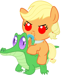 Size: 786x957 | Tagged: safe, artist:red4567, applejack, gummy, earth pony, pony, ponies of dark water, applegekko, cute, donaldjack, jackabetes, ponies riding gators, red eyes, riding