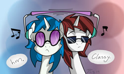 Size: 840x502 | Tagged: safe, artist:trace-101, dj pon-3, long play, vinyl scratch, pony, unicorn, 33 1-3 lp, brother and sister, duo, female, headphones, listen, listening, listening to music, male, sharing headphones, siblings