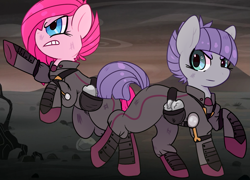 Size: 1423x1024 | Tagged: safe, artist:nerdfangz, maud pie, pinkie pie, earth pony, pony, alternate timeline, apinkalypse pie, apocalypse maud, crystal war timeline, pinkamena diane pie