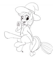 Size: 1280x1409 | Tagged: safe, artist:pabbley, applejack, earth pony, pony, 30 minute art challenge, broom, monochrome, open mouth, sitting, solo, witch