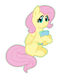 Size: 1024x1106 | Tagged: safe, artist:fuzzywhatzit, fluttershy, pegasus, pony, book, folded wings, hoof hold, looking at you, missing cutie mark, simple background, sitting, smiling, solo, transparent background