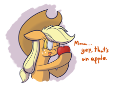 Size: 1280x914 | Tagged: safe, artist:heir-of-rick, applejack, earth pony, pony, daily apple pony, apple, cowboy hat, cute, dialogue, food, freckles, hat, identifying wood, jackabetes, monocle, parody, simple background, solo, stetson, tongue out