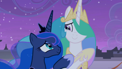 Size: 1920x1080 | Tagged: safe, screencap, princess celestia, princess luna, alicorn, pony, the summer sun setback, canterlot, crown, crying, cute, ethereal mane, eyeshadow, female, flowing mane, hoof shoes, jewelry, looking at each other, makeup, mare, night, raised hoof, regalia, royal sisters, siblings, sisters, tears of joy