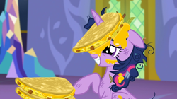 Size: 640x359 | Tagged: safe, derpibooru import, edit, screencap, twilight sparkle, twilight sparkle (alicorn), alicorn, pony, castle sweet castle, party pooped, crossing the memes, female, horn impalement, i'm pancake, mare, messy mane, quesadilla, they're just so cheesy