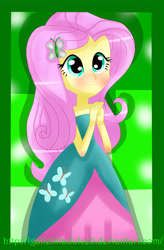 Size: 5000x7641 | Tagged: safe, artist:vixelzf, fluttershy, equestria girls, absurd resolution, blushing, clothes, cute, dress, fall formal outfits, female, sleeveless, solo, strapless