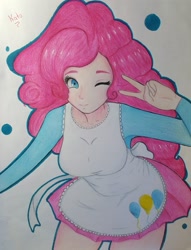 Size: 919x1200 | Tagged: safe, artist:katoartoreo, pinkie pie, human, apron, clothes, cute, humanized, moe, one eye closed, pleated skirt, shirt, skirt, solo, traditional art, wink