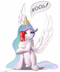 Size: 2500x3000 | Tagged: safe, artist:skitsroom, princess celestia, alicorn, pony, chest fluff, coca-cola, cute, cutelestia, drink, female, hands-free bubble tea challenge, looking at you, meme, noob, soda, solo, spread wings, wings