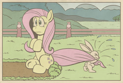 Size: 1883x1282 | Tagged: safe, artist:regularmouseboy, angel bunny, fluttershy, pegasus, pony, fence, pulling, sitting, tail, tail pull, vintage