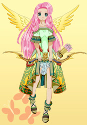 Size: 1592x2269 | Tagged: safe, artist:erim-kawamori, fluttershy, human, bow (weapon), clothes, cutie mark background, dress, humanized, solo, winged humanization, wings