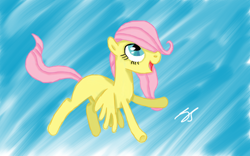 Size: 1280x800 | Tagged: safe, artist:perplexedpegasus, fluttershy, pegasus, pony, amazed, blank flank, female, filly, filly fluttershy, flying, hair over one eye, looking up, open mouth, smiling, solo, spread wings, wings, younger