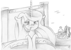 Size: 6928x4848 | Tagged: safe, artist:fladdrarblyg, princess celestia, alicorn, pony, absurd resolution, atg 2019, bed, female, floppy ears, mare, monochrome, newbie artist training grounds, sick, solo, thermometer, traditional art