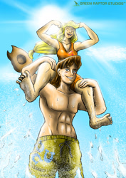 Size: 1024x1447 | Tagged: safe, artist:greenraptor15, applejack, caramel, human, abs, armpits, bare chest, barefoot, carajack, clothes, crepuscular rays, feet, female, humanized, male, shipping, shorts, shoulder ride, straight, sun, tanktop, topless, water