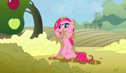 Size: 2560x1476 | Tagged: safe, screencap, pinkie pie, earth pony, pony, the return of harmony, angry, apple, apple tree, chocolate, chocolate milk, eating, female, food, giant apple, mare, messy, messy mane, milk, popcorn, puffy cheeks, solo, tree, wet, wet mane