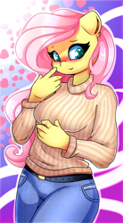 Size: 1700x3072 | Tagged: safe, artist:madacon, fluttershy, anthro, belt, blushing, clothes, cute, female, heart, jeans, mare, pants, shyabetes, solo, sweater, sweatershy