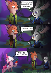 Size: 1163x1659 | Tagged: safe, artist:ahmadafadhil, pinkie pie, fox, pony, rabbit, broken english, comic, crossover, judy hopps, nick wilde, zootopia