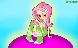 Size: 1280x800 | Tagged: safe, artist:9987neondraws, fluttershy, equestria girls, blushing, boots, clothes, female, green underwear, panties, shirt, shoes, skirt, skirt lift, solo, stupid sexy fluttershy, tanktop, underwear, upskirt