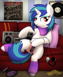 Size: 3039x3736 | Tagged: safe, artist:icaron, dj pon-3, vinyl scratch, pony, unicorn, bedroom eyes, boombox, female, headphones, leg warmers, mare, red eyes, show accurate, solo, stereo, strategically covered, walkman