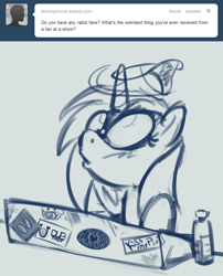 Size: 949x1176 | Tagged: artist needed, safe, dj pon-3, vinyl scratch, pony, unicorn, askdjp0n3, monochrome, solo, tumblr