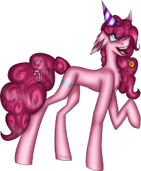 Size: 3126x3791 | Tagged: safe, artist:wildiecrazy, pinkie pie, pony, candy, candy cane, food, hat, high res, lollipop, party hat, simple background, solo, transparent background