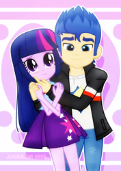 Size: 1600x2263 | Tagged: safe, artist:jucamovi1992, flash sentry, twilight sparkle, equestria girls, couple, cute, daaaaaaaaaaaw, female, flashlight, hug, male, shipping, straight, valentine's day