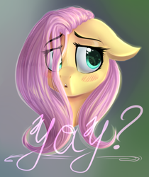 Size: 1024x1219 | Tagged: dead source, safe, artist:freckleplant, fluttershy, pegasus, pony, blushing, dialogue, eye clipping through hair, female, floppy ears, hair over one eye, looking away, mare, shy, solo, yay